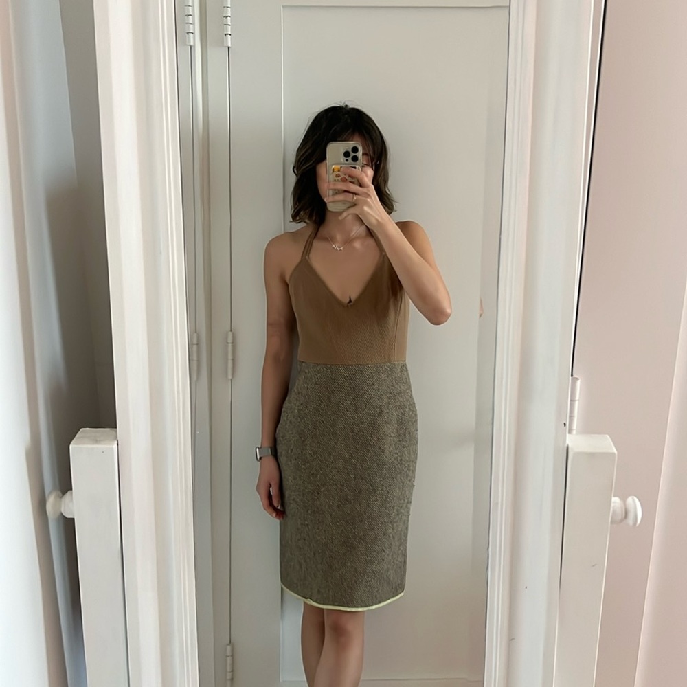 Vintage Miu miu wool color block grey beige halter midi dress